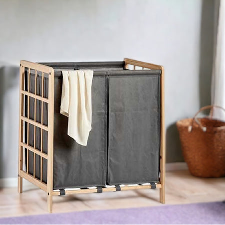 Cesto Porta Biancheria Doppio Legno Naturale e Stoffa Capacità 60lt Colore Grigio