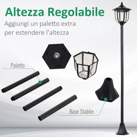 Lampione da Esterni con 6 Luci Led e Pannelli Solari Impermeabile Accensione Automatica Durata 6 Ore Altezza 177cm  XC3B30-006XC3