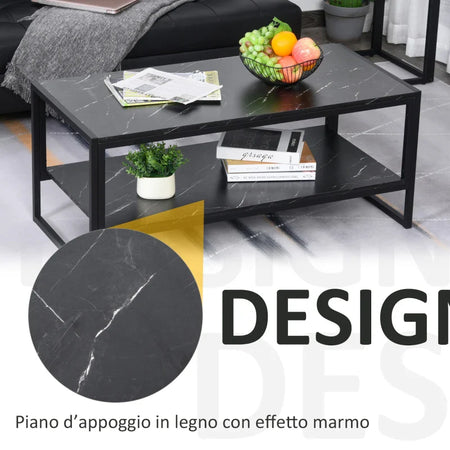 Tavolino Caffè Nero Effetto Marmo Ufficio 106x50x46 FT2833-821BK , soggiorno salotto basso nero bianco marrone grgio design moderno sala moderno alto divano camera legno vetro rotondo