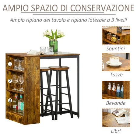 Set Bancone Bar con 2 Sgabelli Alti Stile Industriale con Mensole, Marrone Rustico YT9835-489YT9