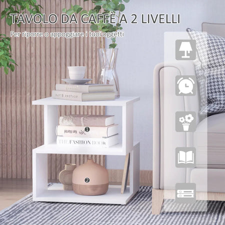 Tavolino Caffè 2 Ripiani Aperti Legno 40x41x43 Bianco HY6833-619WTHY6 ,  soggiorno salotto basso nero bianco marrone grgio design moderno sala moderno alto divano camera legno vetro rotondo