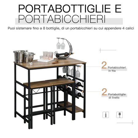 Set Tavolo 2 Sgabelli Alti da Bar in Legno Isola Cucina con Portabottiglie e Portabicchieri in Stile Industriale GT5835-215GT5