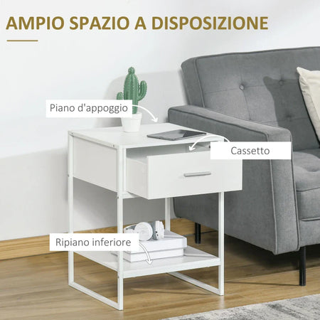 Comodino Moderno Set 2 Pezzi con Cassetto e Ripiano Aperto per Camera da Letto e Soggiorno, in MDF e Acciaio, 45x40x60cm, Bianco TY8831-534V01WTTY8