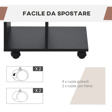 Tavolino da Salotto Ruote Girevoli 45x36x58 Nero FG6833-779BKFG6 , soggiorno salotto basso nero bianco marrone grgio design moderno sala moderno alto divano camera legno vetro rotondo