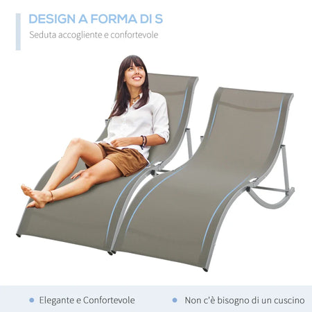Set 2 Sdraio da Giardino Pieghevoli, Lettino Prendisole in Alluminio e Textilene, 61x165x63cm 84B-540GY