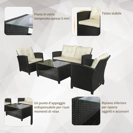 Set Mobili da Giardino 4 Pezzi in Rattan PE e Tavolino, Divano e Poltrone Imbottiti Nero e Beige 124x68x76cm 860-117CW