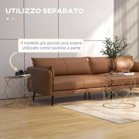 Set 2 x Tavolino da Salotto vetro e acciaio , colroe Oro TG6833-675TG6 , soggiorno salotto basso nero bianco marrone grgio design moderno sala moderno alto divano camera legno vetro rotondo