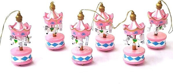 6-Mini-Carillon-Colore-Rosa-Giostra-Cavalli-Decorazione-In-Legno-8x3.5cm-Gancio