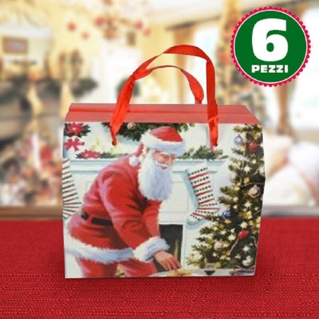 6-Scatole-Da-Regalo-Stampa-Babbo-Natale-Classico-Manici-Rossi-13,5x11,5x16,5cm