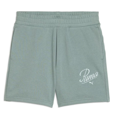 PUMA Ess Script High-Waist Shorts 5", Pantaloncini Lavorati a Maglia Donna, Green Moon