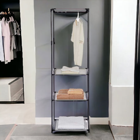 Armadietto Aperto con 3 Mensole  Barra Appendiabiti in Metallo, Salvaspazio