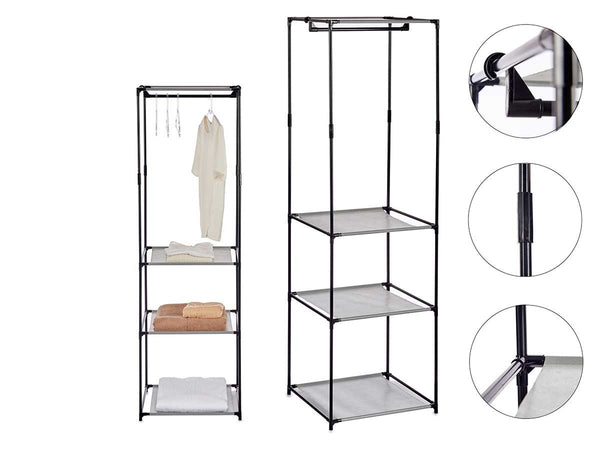 Armadietto Aperto con 3 Mensole  Barra Appendiabiti in Metallo, Salvaspazio