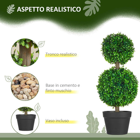 Set da 2 Piante a 2 Sfere Realistico con Vaso incluso, erba, in Cemento, 60 cm, (Verde)