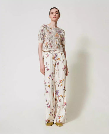 Twinset Pantalone donna in crêpe de Chine a fiori con elastico 251TP2776