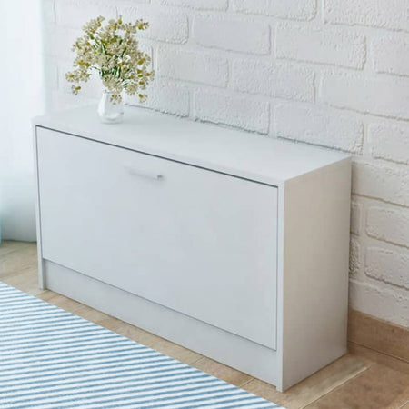 Scarpiera Bassa in Legno Mobile Salvaspazio 90.5x12.5 H46cm Bianco 8Paia di Scarpe