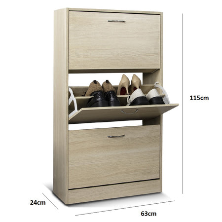 Scarpiera 3 Ante Salvaspazio Doppia Profondità con Maniglia Colore Olmo 63x24x115cm