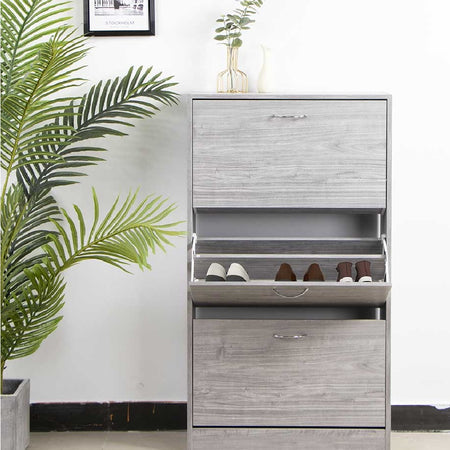 Scarpiera 3 Ante Salvaspazio Doppia Profondità con Maniglia Colore Grigio 63x24x115cm