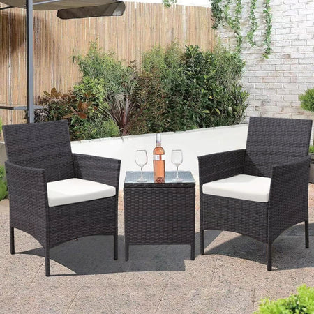 Set da Giardino 2 Poltrone 1 Tavolino Rattan Intrecciato Grigio e Cuscini Beige
