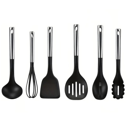 Utensili da Cucina 6pz in Acciaio e Nylon Non Graffiano Antiaderenti Nero Cromo