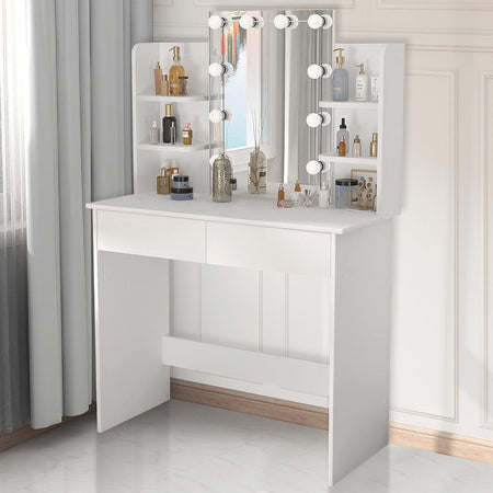 Consolle Trucco con Specchio a Led Mobile Makeup 2 Cassetti 90x40 H 144cm Luce Regolabile