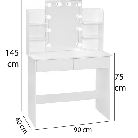 Consolle Trucco con Specchio a Led Mobile Makeup 2 Cassetti 90x40 H 144cm Luce Regolabile