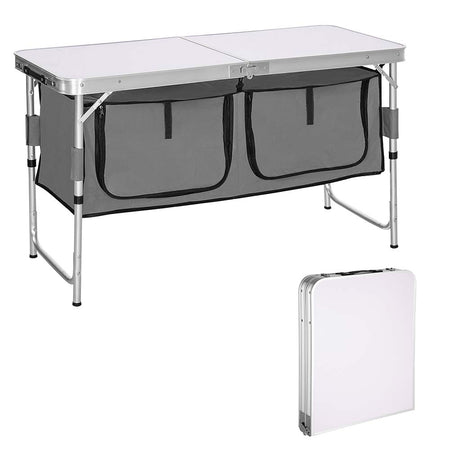 Tavolo Campeggio Multifunzione In Alluminio Pieghevole 120x47 H 61/69cm Salvaspazio