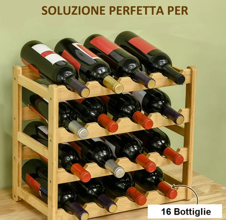 Porta Bottiglie Cantinetta Legno Bambù 4Piani 16 Scomparti 43x25 H43cm Casa Bar