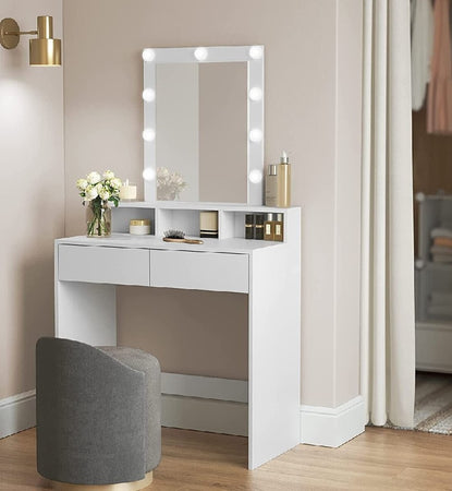 Consolle Trucco con Specchio a Led Mobile Makeup 2 Cassetti 80x40 H 140cm Luce Regolabile
