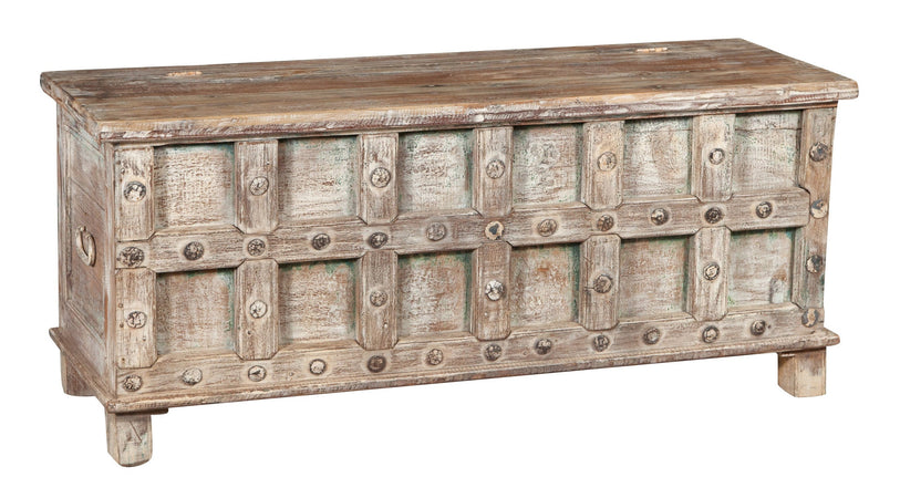 Biscottini Cassapanca antica originale in legno di teak intagliato con finitura decapata