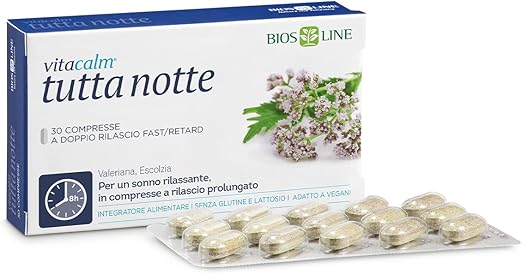 BIOS LINE VitaCalm Tutta Notte, Integratore Alimentare per Dormire, Integratore Rilassante a Doppio Rilascio, Favorisce il Rilassamento e l'Addormentamento, 30 Compresse Senza Glutine