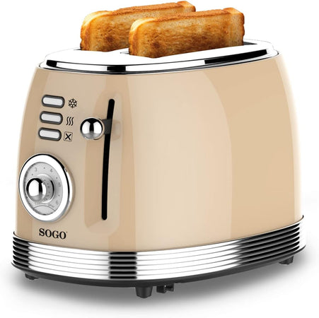 SOGO Tostapane 2 fette retrò / 850W / 6 livelli di temperatura / scongelamento e riscaldamento /  beige
