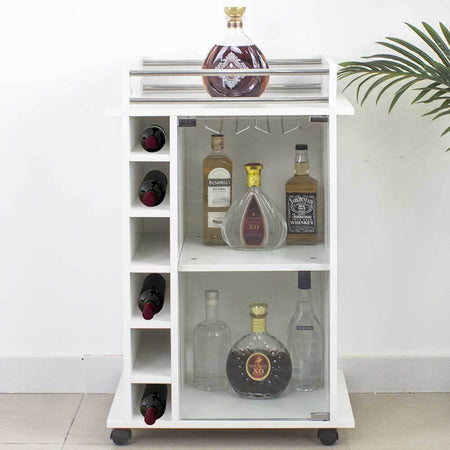 Mobiletto Bar Porta Bottiglie Legno Mdf 6 Vani 3Ripiani Porta Calici Bianco