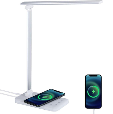 Lampada da Scrivania a LED con Ricarica Wireless e Porta di USB, Dimmerabile