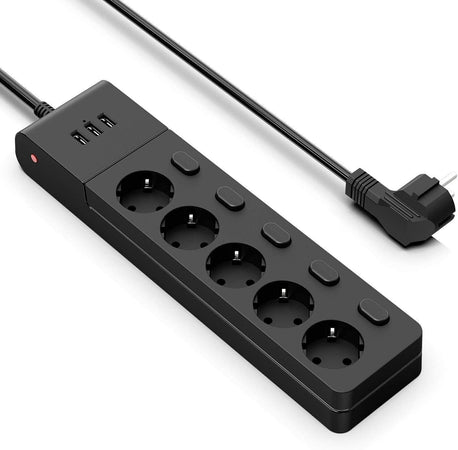 MiiKare Ciabatta elettrica con 5 prese, interruttore singolo, 3 porte USB