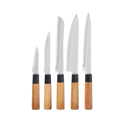 Confezione 5pz Coltelli Cucina Doppia Lama Manico in Legno Bambù Naturale