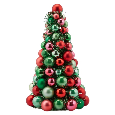 Cono a forma di Albero di Natale con palline in poliresina color rosso e verde