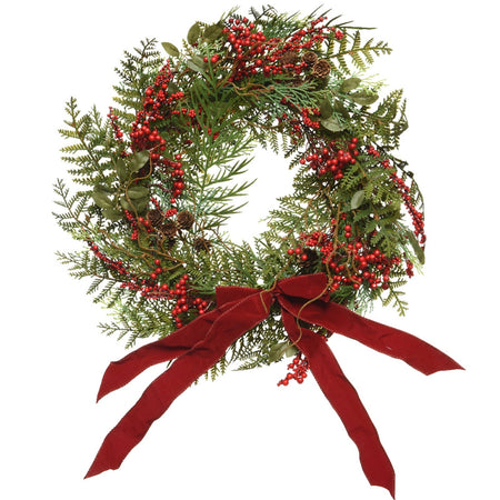 Ghirlanda tonda natalizia con bacche e fiocco color Rosso, dietro porta da 50 cm
