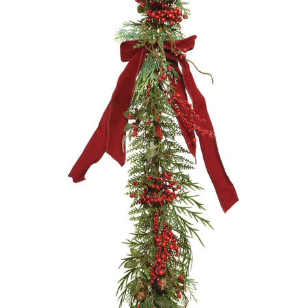 Festone tonda natalizia con bacche e fiocco color Rosso, decorazione da 180 cm