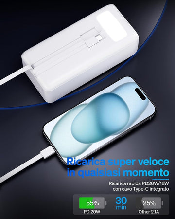 Power Bank Batteria esterna 50000 mAh con cavo integrato 7 uscite e 3 ingressi