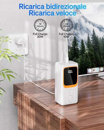 Power Bank Batteria esterna 50000 mAh con cavo integrato 7 uscite e 3 ingressi