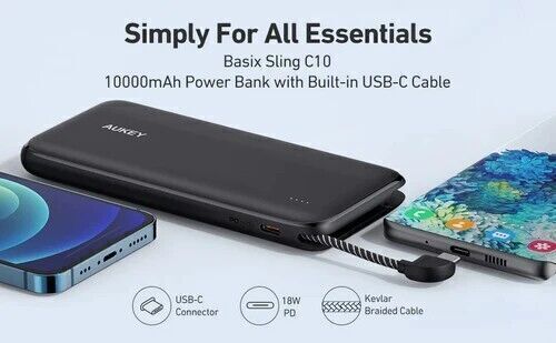 AUKEY PB-N73C 10.000 mAh 18 W con cavo USB-C integrato Caricabatterie portatile