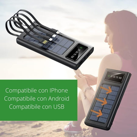 Power bank solare caricabatteria per cellulari e tablet da 50000mAh con cavi