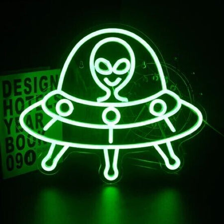 Insegna al neon aliena, insegne al neon verdi, navicella spaziale al neon a LED