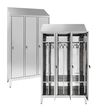 Armadio spogliatoio in acciaio inox AISI 430 a 3 posti con tramezza interna sporco/pulito cm. 120x40x215h