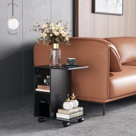Tavolino da Salotto Ruote Girevoli 45x36x58 Nero FG6833-779BKFG6 , soggiorno salotto basso nero bianco marrone grgio design moderno sala moderno alto divano camera legno vetro rotondo