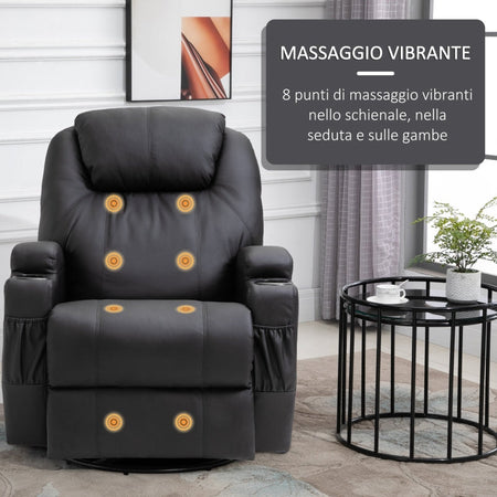 F700-029V03BKA Poltrona Relax Massaggiante con 8 Punti, 5 Modalità e 2 Intensità, Reclinabile con Poggiapiedi e Girevole, 84x92x109cm, Nero