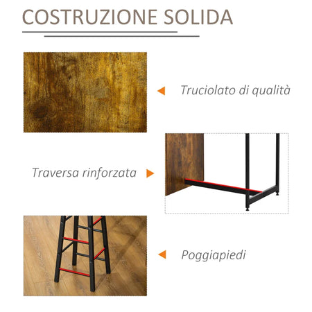 Set Bancone Bar con 2 Sgabelli Alti Stile Industriale con Mensole, Marrone Rustico YT9835-489YT9