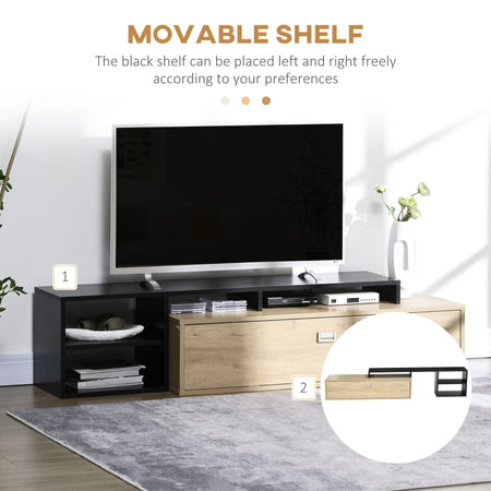 Mobile TV 32"-65" con Ripiano Rimovibile e Armadietto con Anta Ribaltabile in MDF, 163x40x38 cm, color Legno e Nero soggiorno salotto camera D4D839-583V00AK4F4