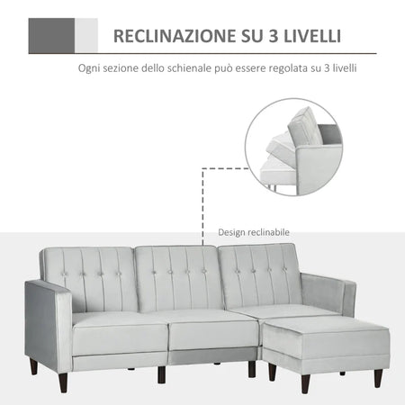 Divano Letto 3 Posti con Poggiapiedi e Schienale Reclinabile, Rivestimento Velluto e Seduta Imbottita, 218x85x86 cm, Grigio Chiaro 839-070V00LG