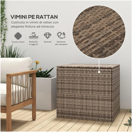 Baule da Esterno in Rattan PE e Acciaio con Fodera Interna, 75x75x70 cm, Nero e color Sabbia  865-020V00KK